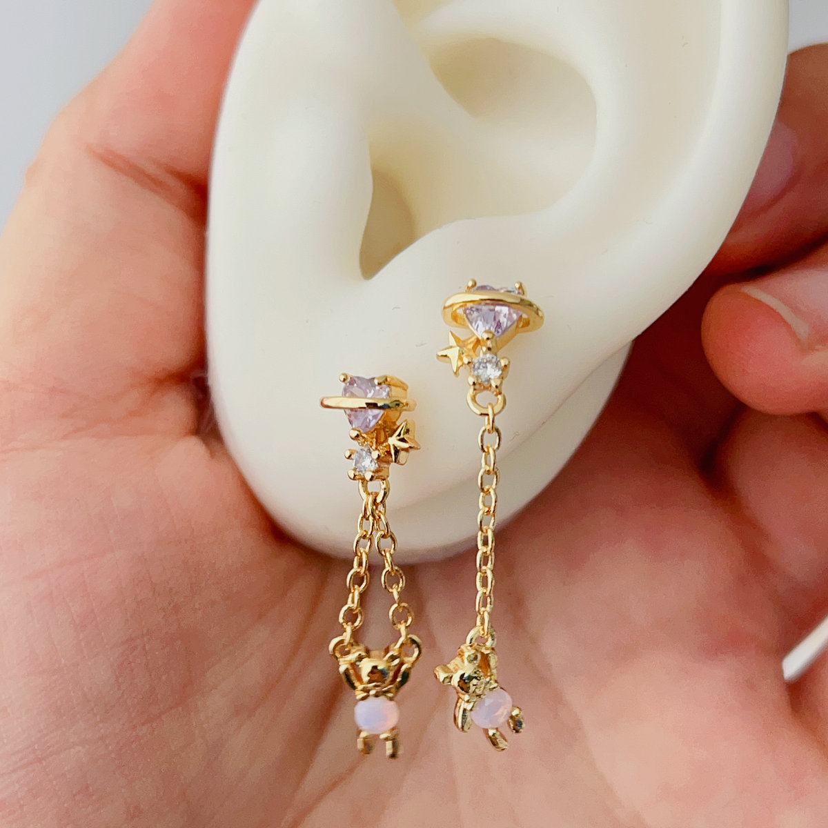 Pink zircon teddy bear earrings