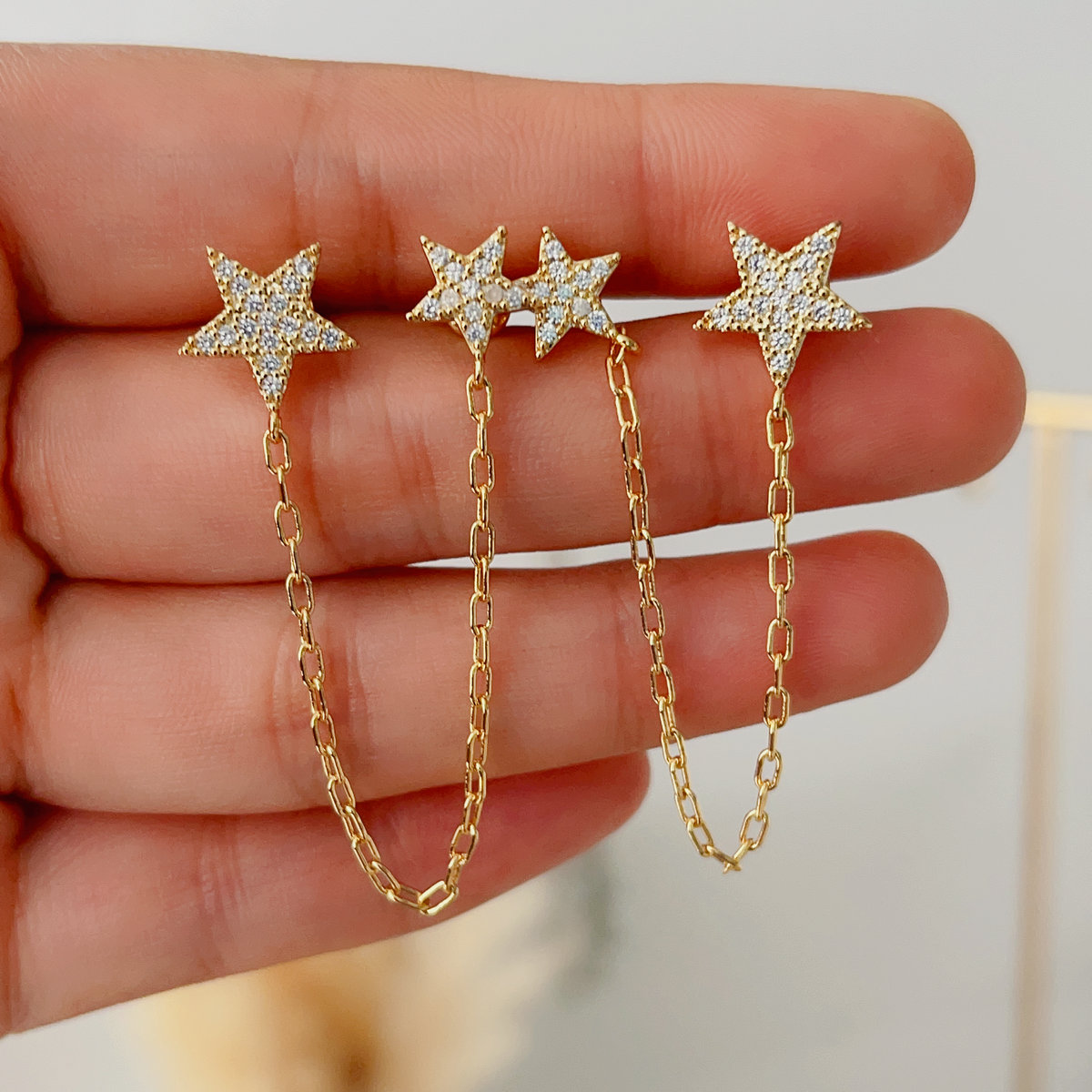 Pave star chain earrings