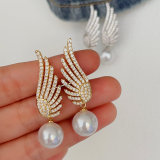Pave leaf pearl earrings