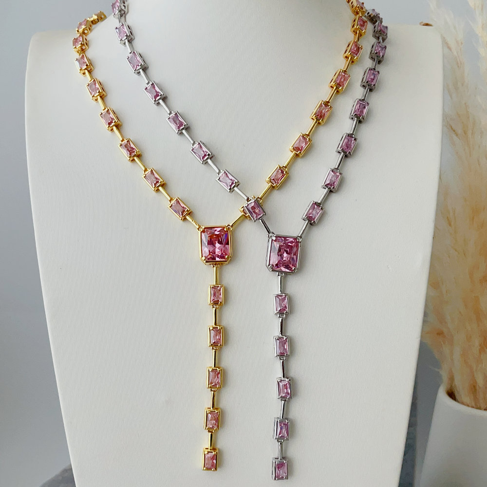 Pink zircon square necklace