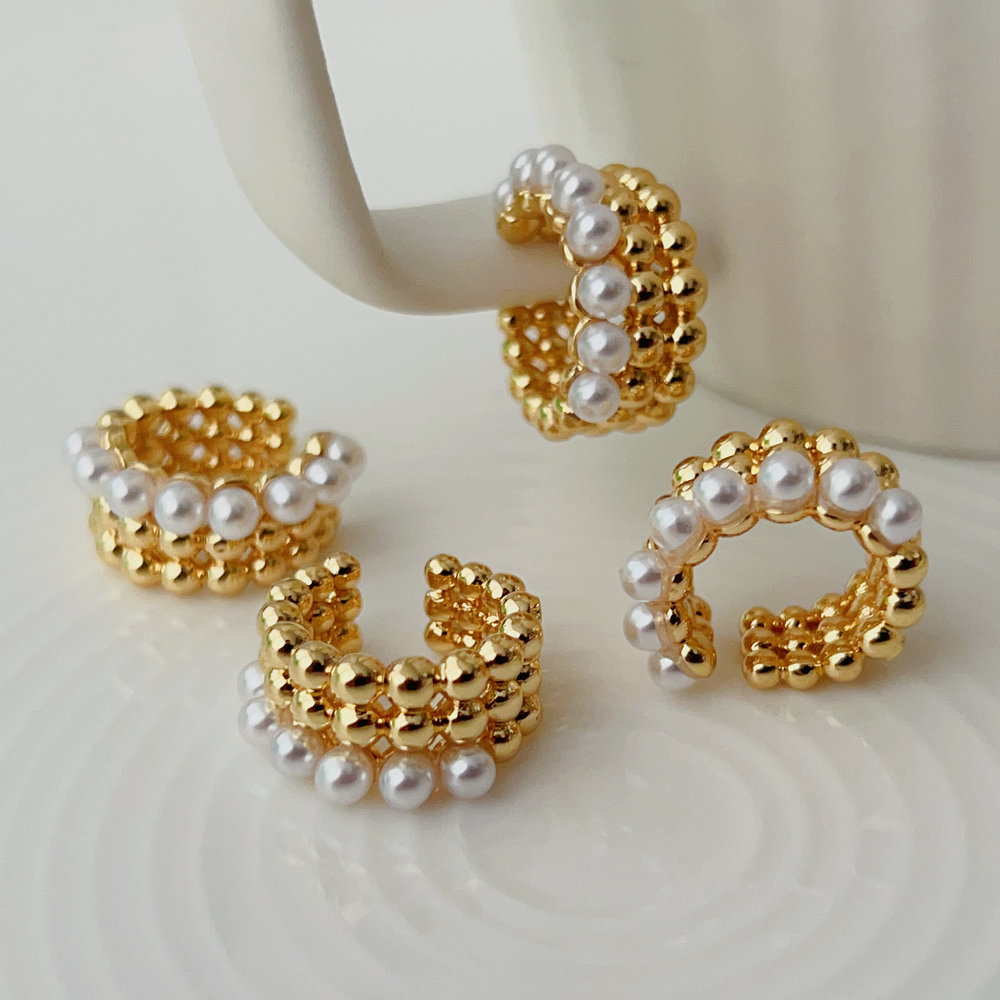 Gold bead pearl ear cuff ( pair )
