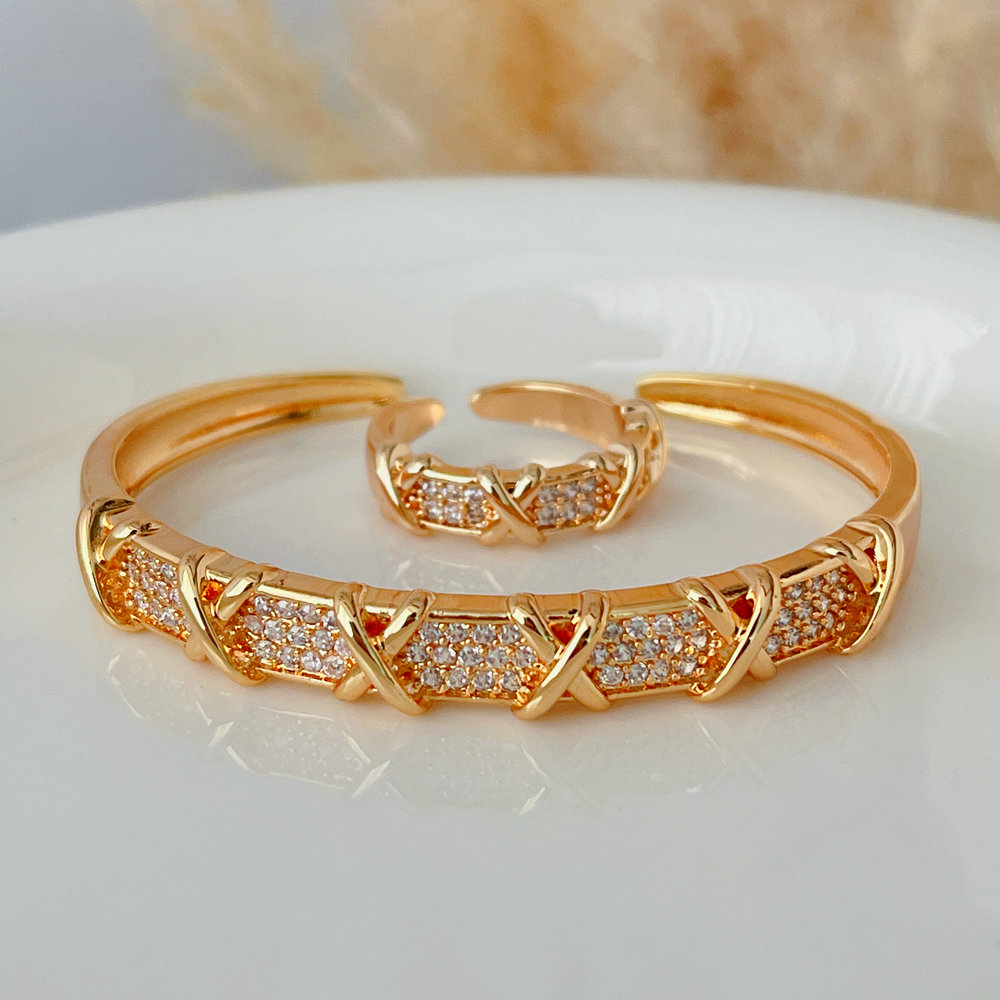 Pave cross cuff set with ring