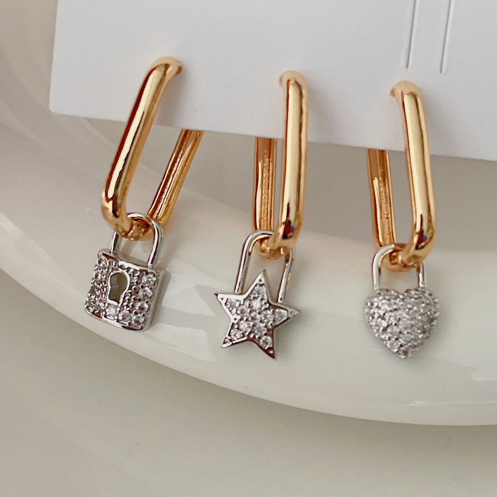Pave star heart charm earrings