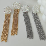 White flower chain tassel earrings