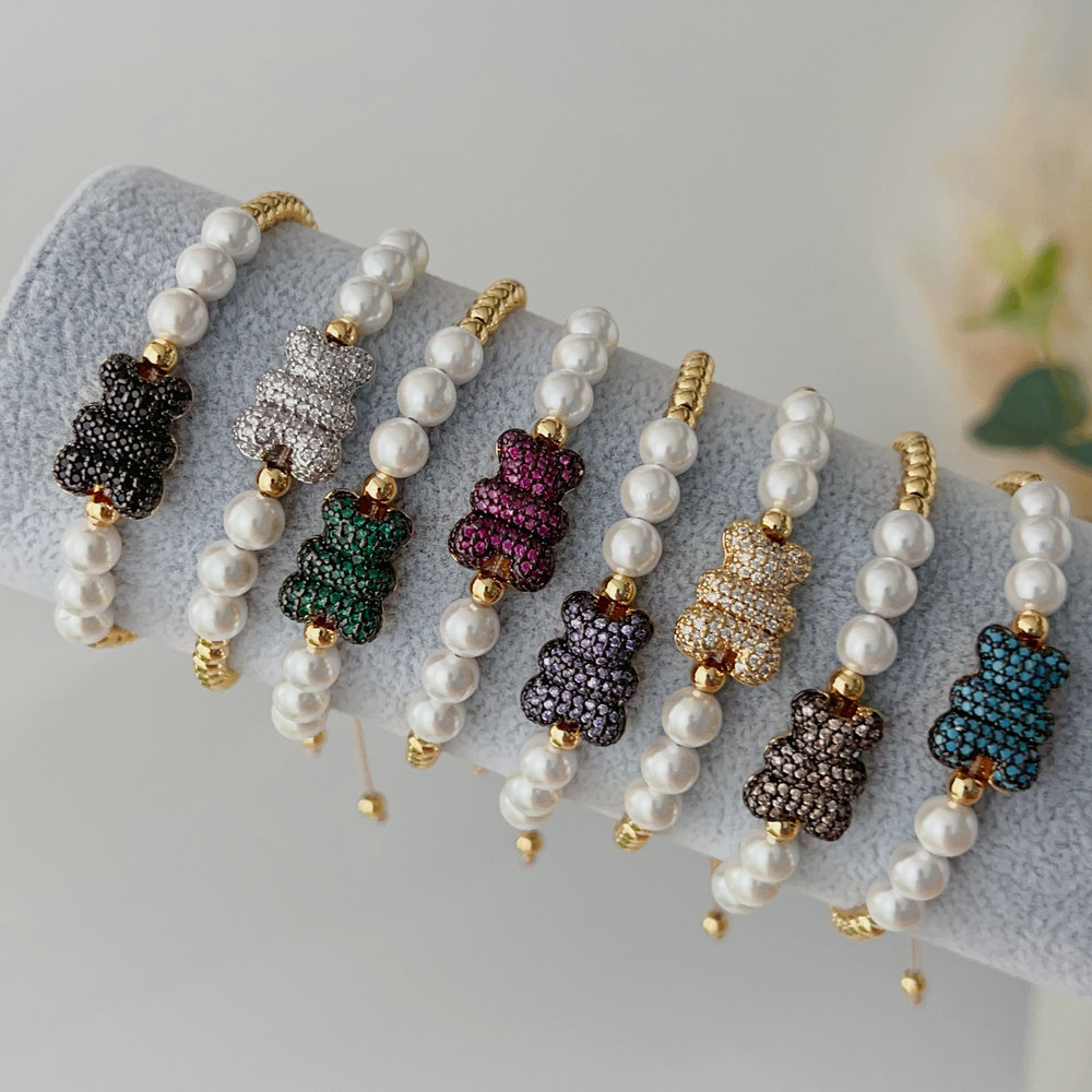 Pave teddy bear glass plear bracelet