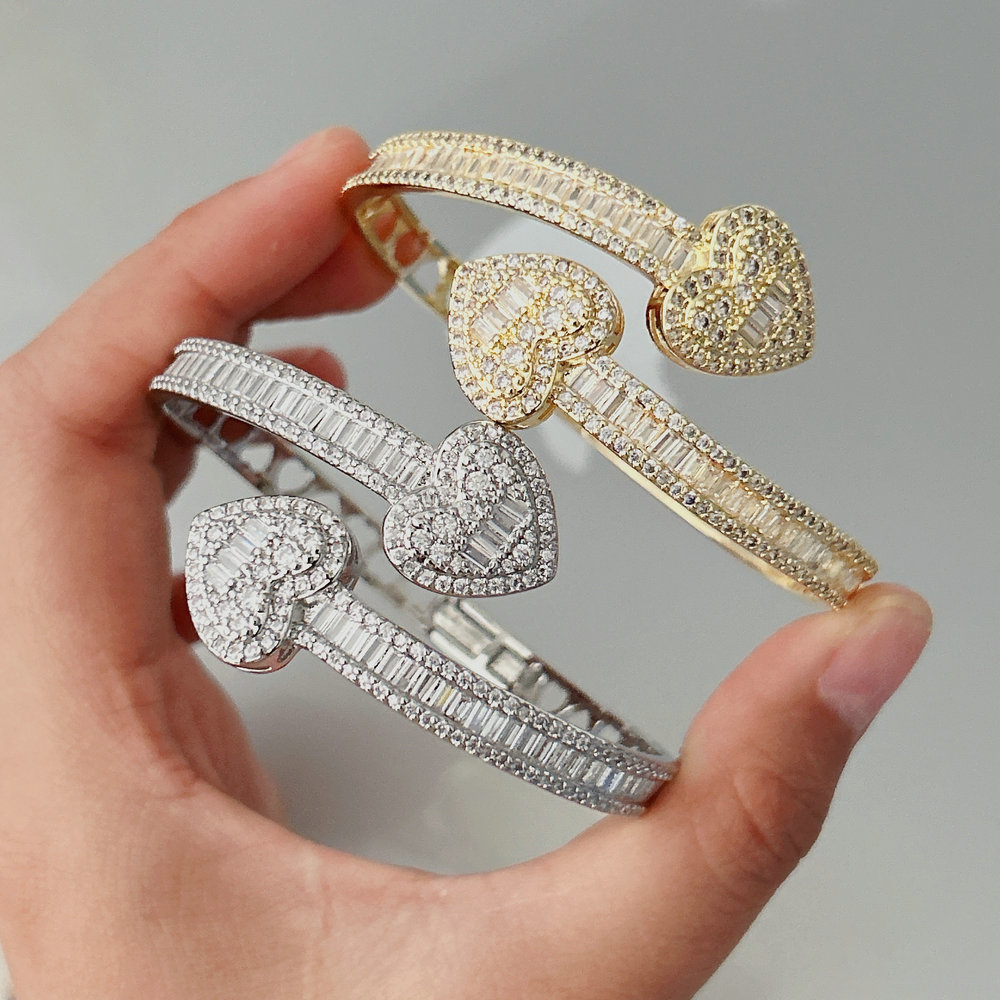 Pave zircon heart bangle with ring set jewelry