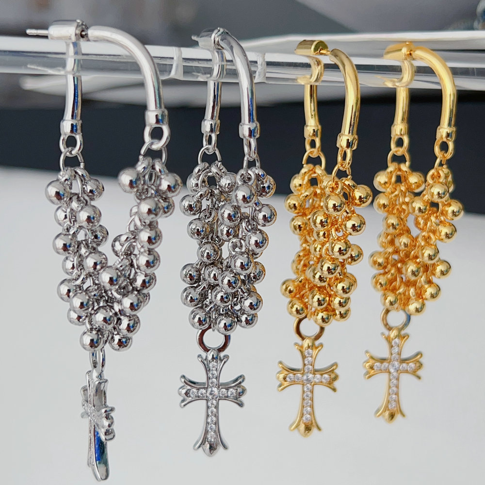 Bead chain tassel cross earrings