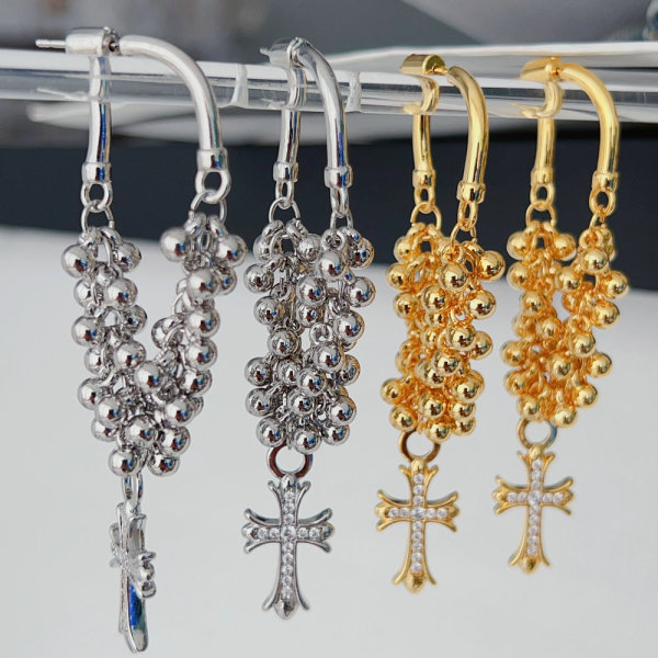 Bead chain tassel cross earrings
