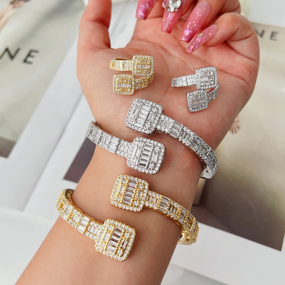 Pave zircon square bangel with ring set jewelry