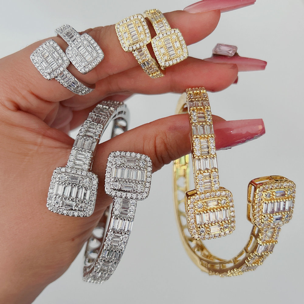 Pave zircon square bangel with ring set jewelry