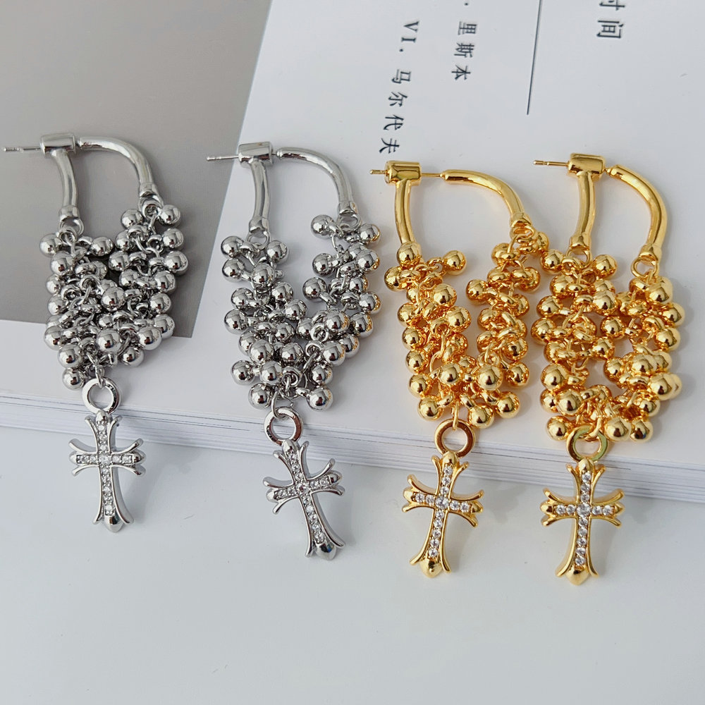 Bead chain tassel cross earrings