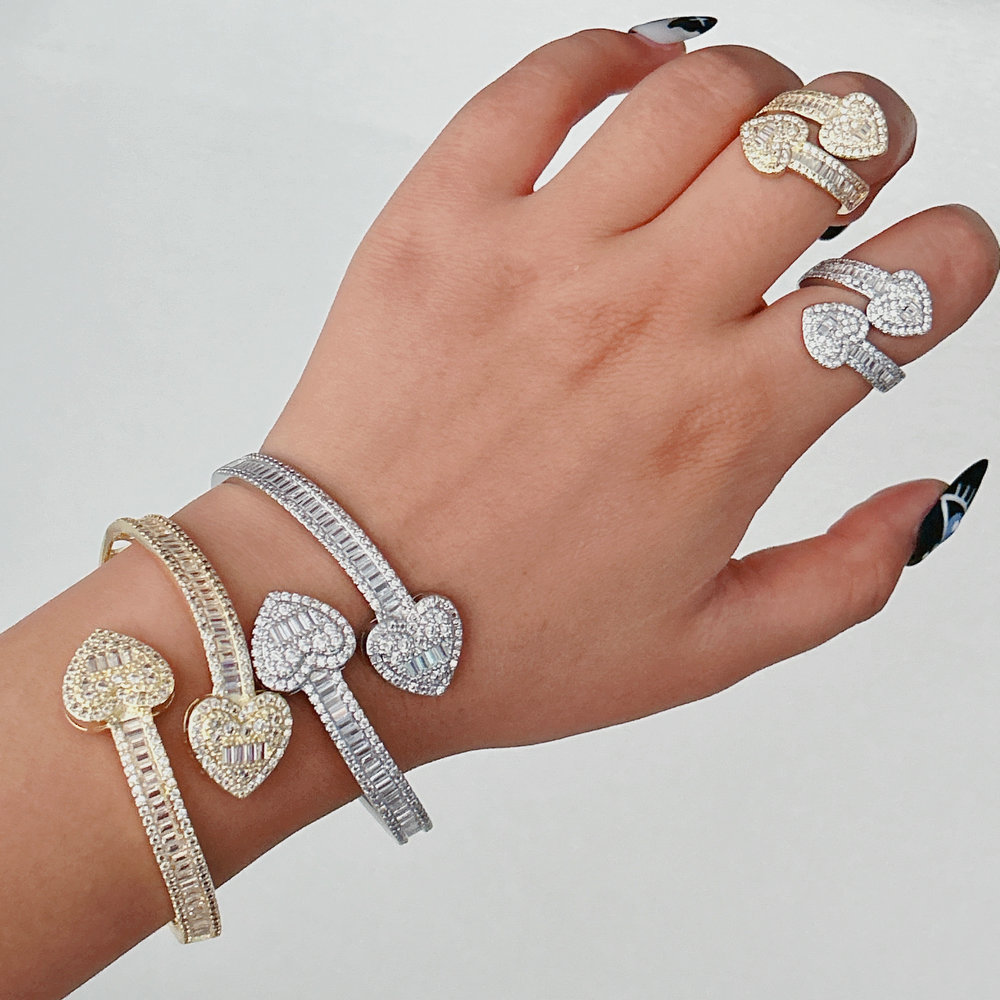 Pave zircon heart bangle with ring set jewelry