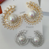 Pearl pave leaf earrings