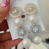 Pave zircon flower pearl earrings
