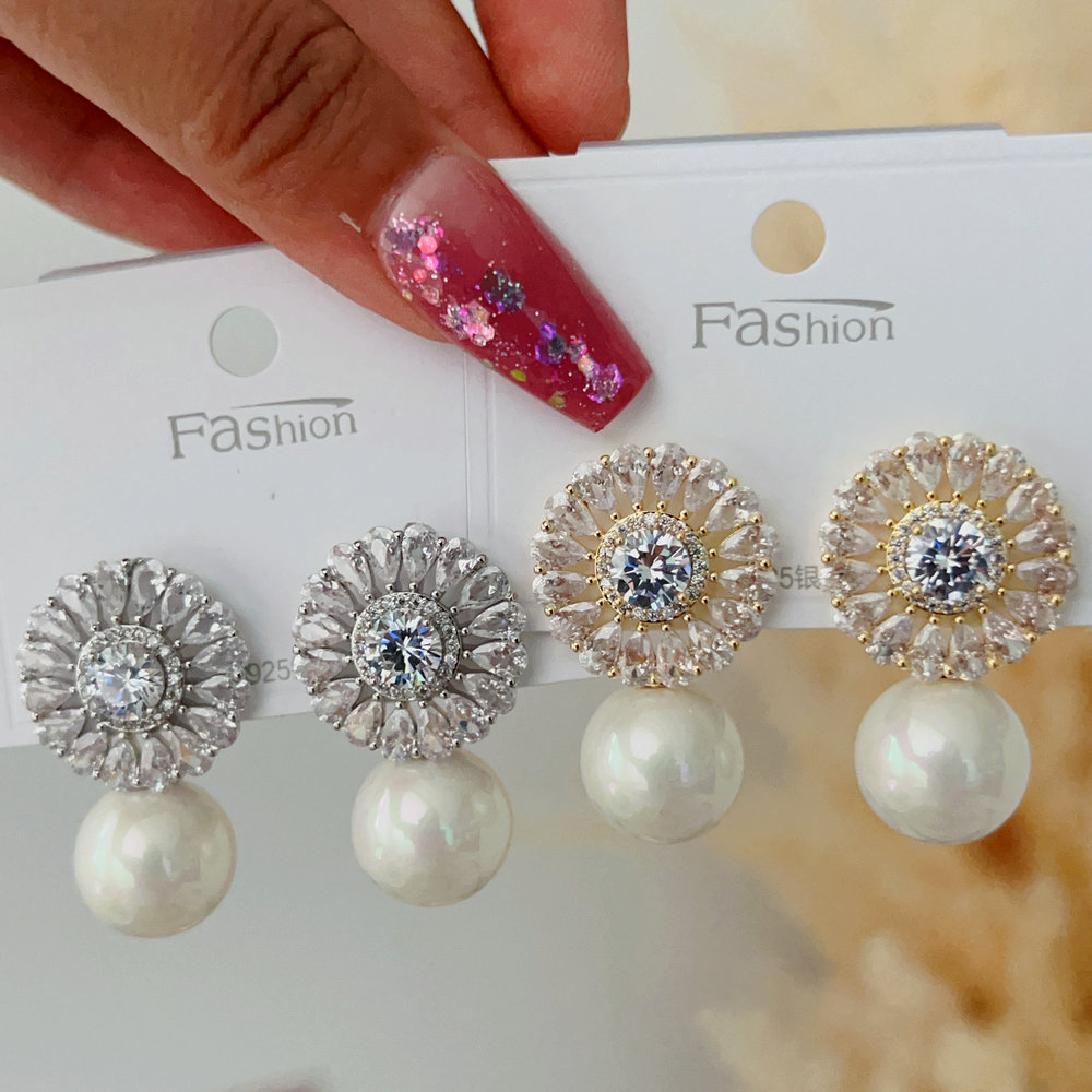 Pave zircon flower pearl earrings