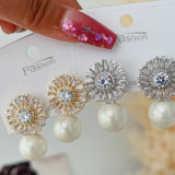 Pave zircon flower pearl earrings