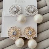 Pave zircon flower pearl earrings