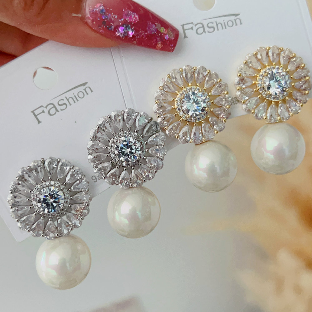 Pave zircon flower pearl earrings