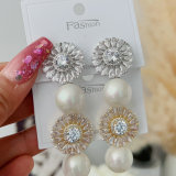 Pave zircon flower pearl earrings