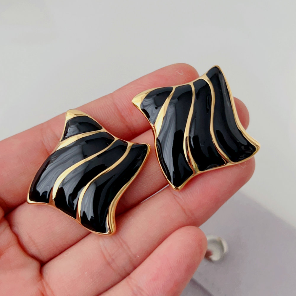 Black enamel square earrings