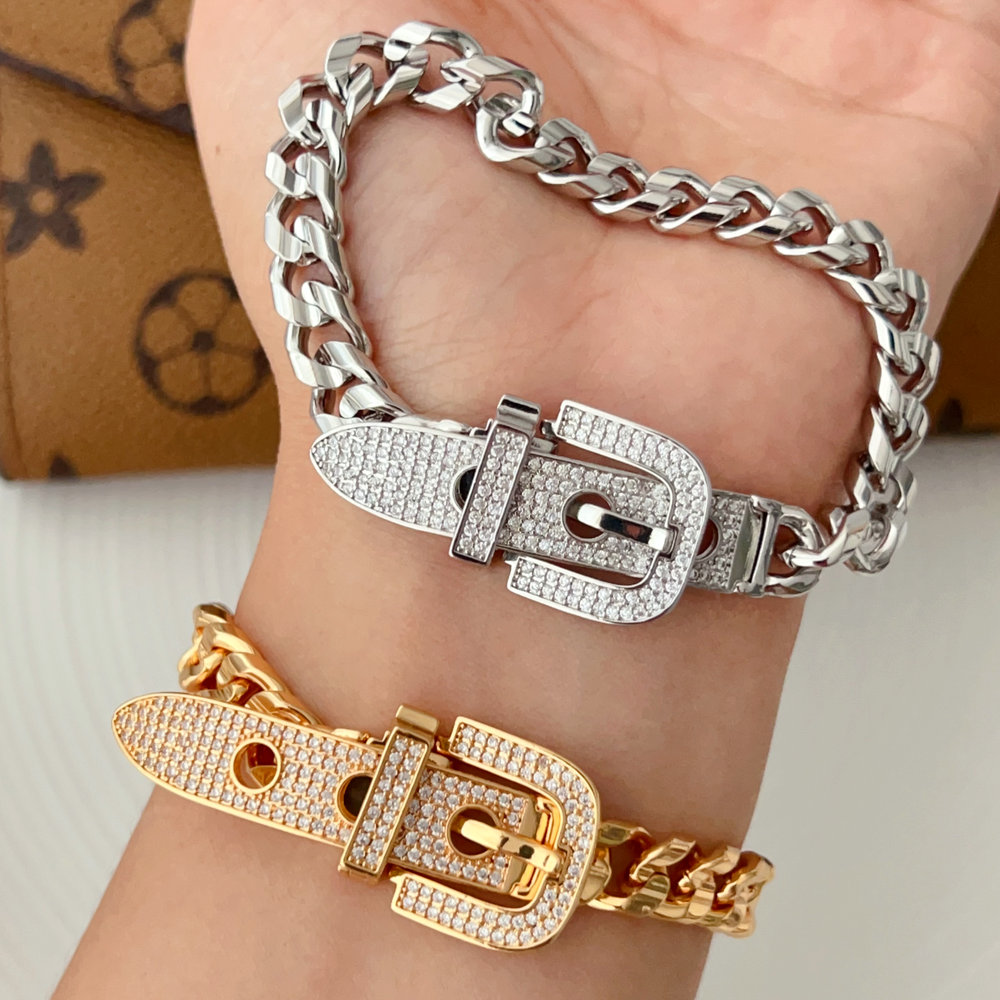 Pave zircon belt chain bracelet