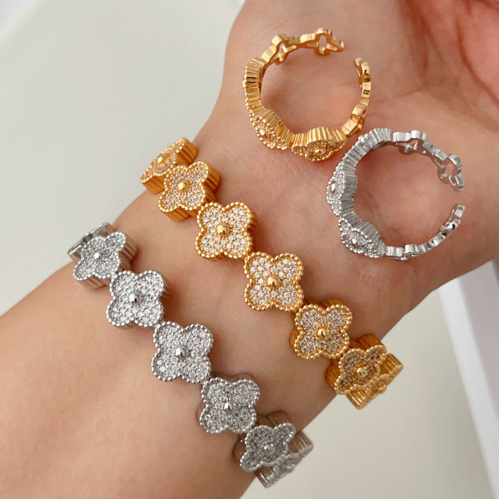 Pave clover bangle set with ring