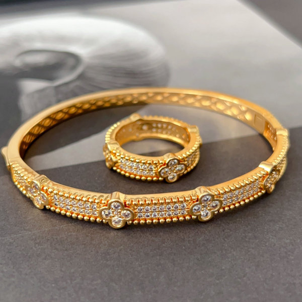 Pave flower bangle set with ring