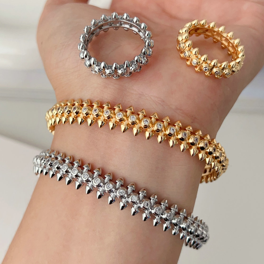 Pave rivet bangle set with ring