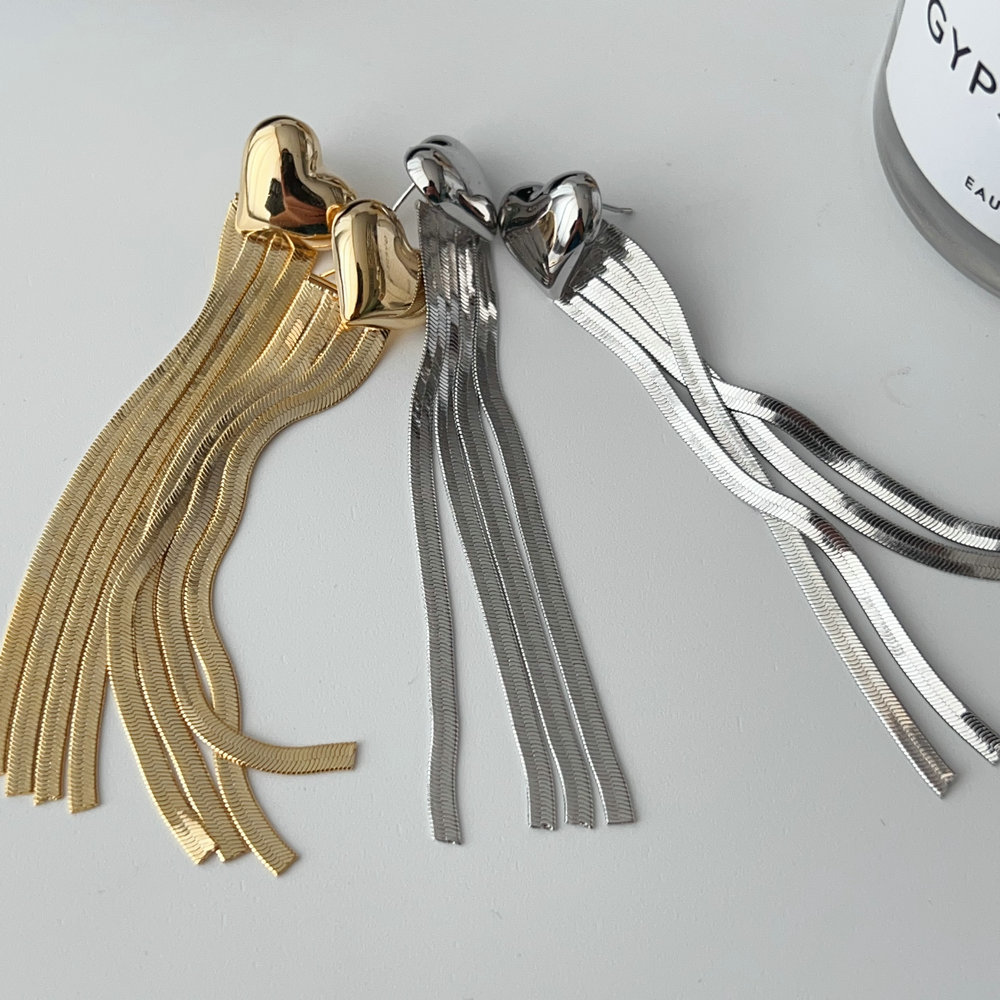 Long chain tassel heart earrings