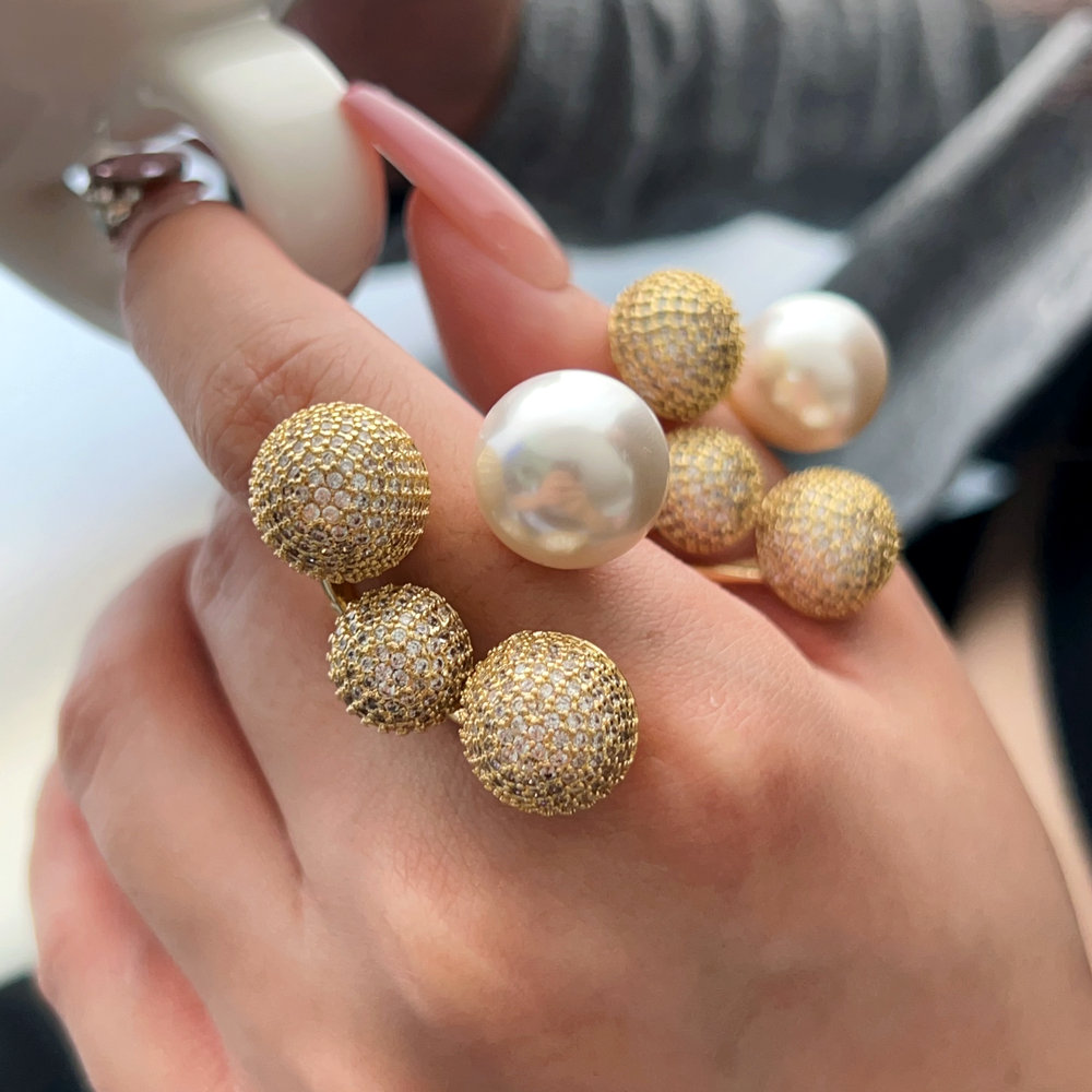 Pave ball pearl ring