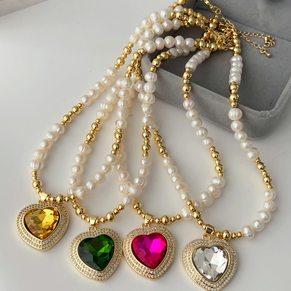 Fresh water pearl bead necklace with heart pendant