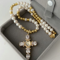 Fresh water pearl necklace with pave cross pendant