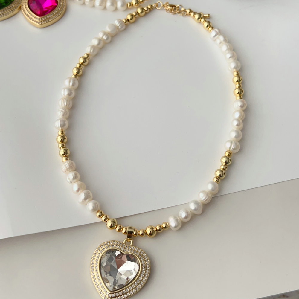 Fresh water pearl bead necklace with heart pendant