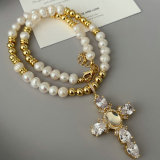 Fresh water pearl necklace with pave cross pendant