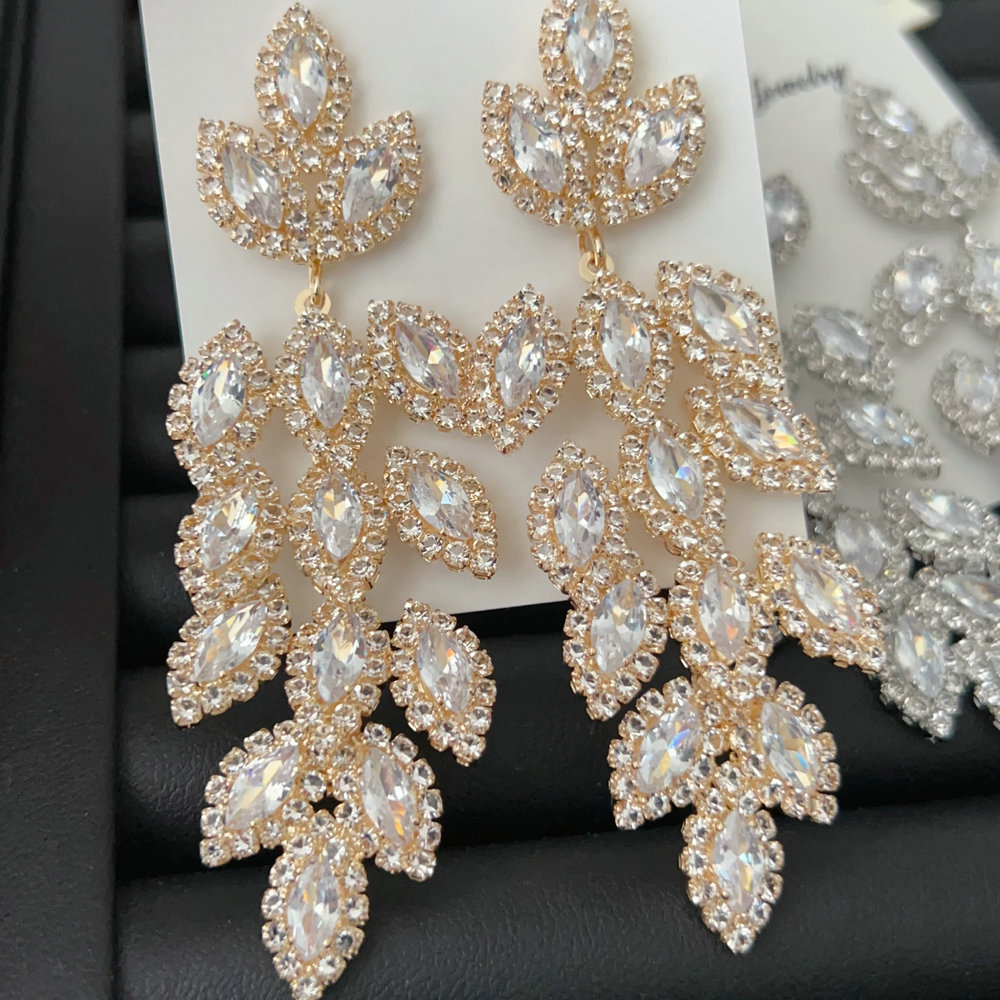 Pave crystal long tassel leaf earrings