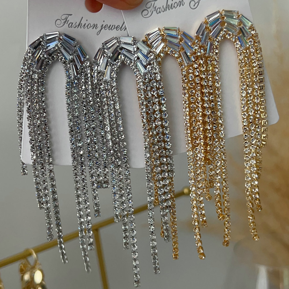 Pave crystal long tassel earrings