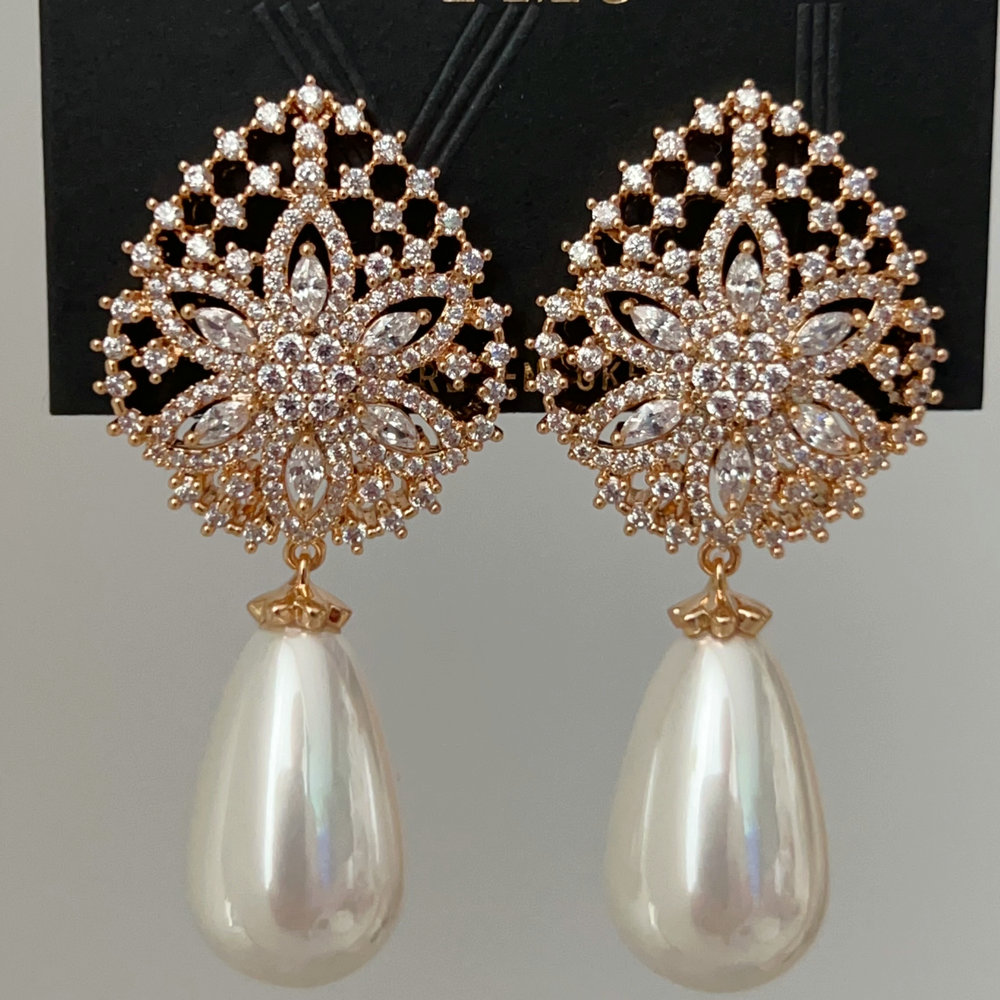 Pave zircon flower pearl earrings