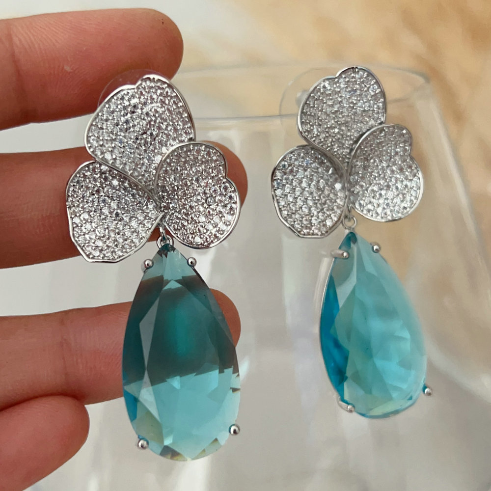 Blue water drop stone flower earrings