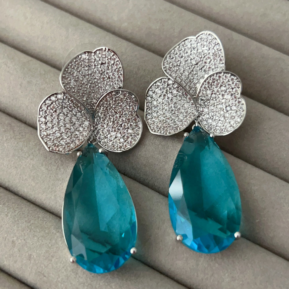 Blue water drop stone flower earrings