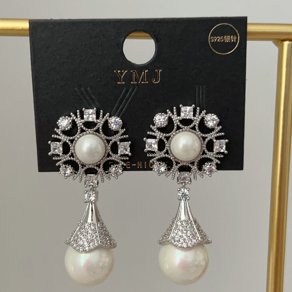 Pave zircon flower pearl earrings