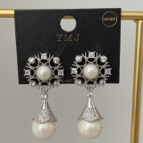Pave zircon flower pearl earrings