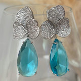 Blue water drop stone flower earrings