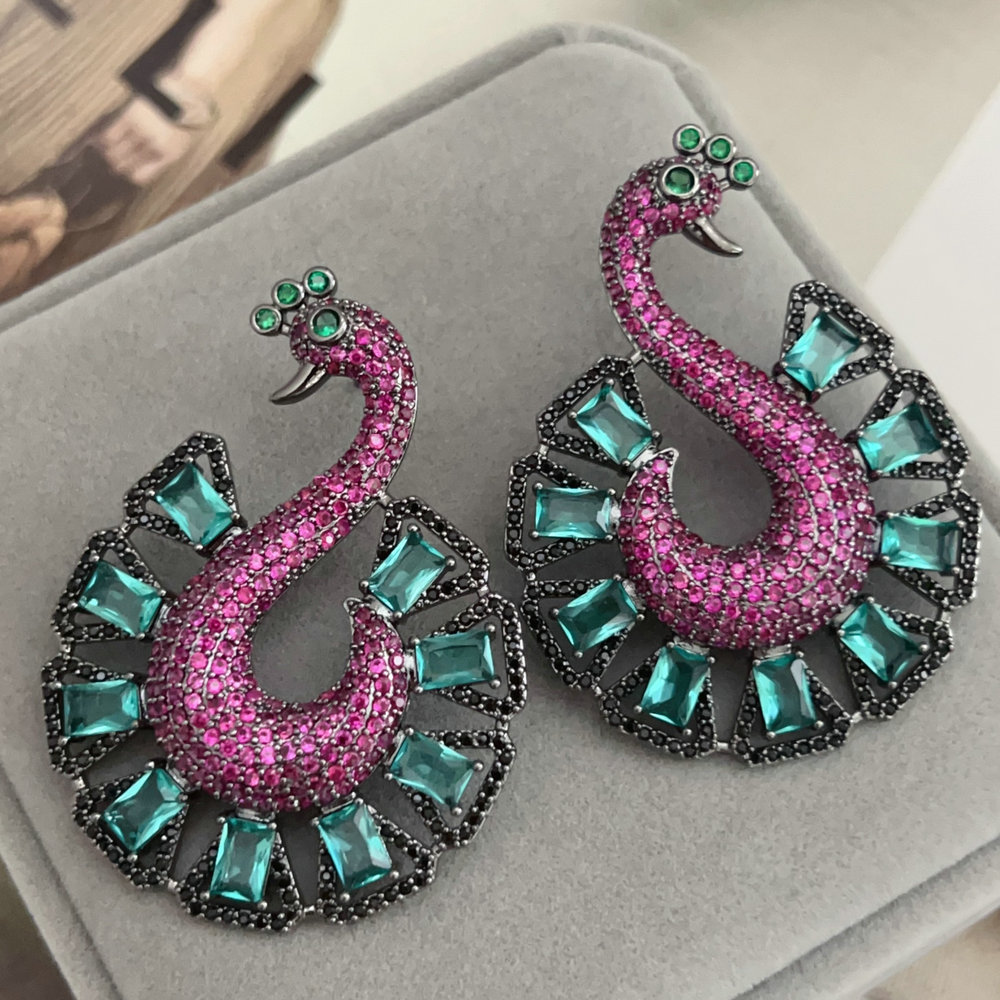 Pave green peacock earrings