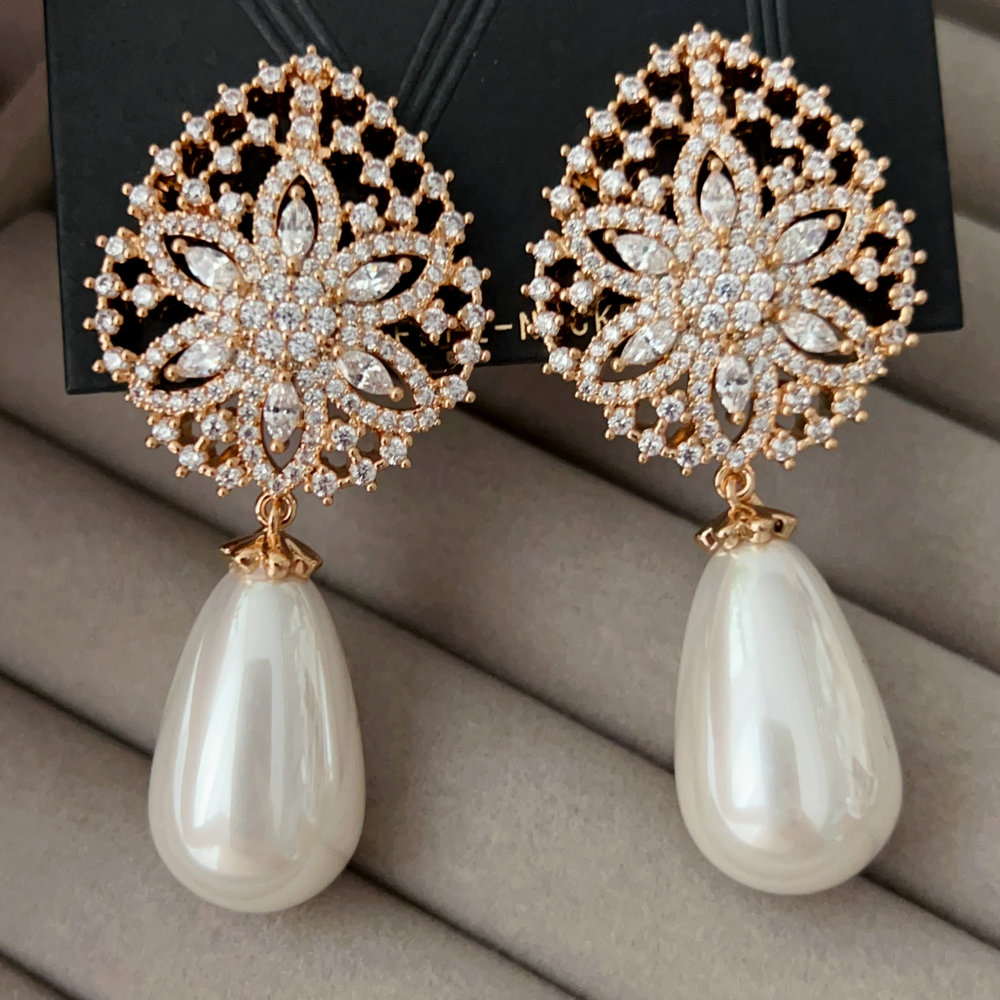 Pave zircon flower pearl earrings