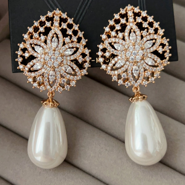 Pave zircon flower pearl earrings