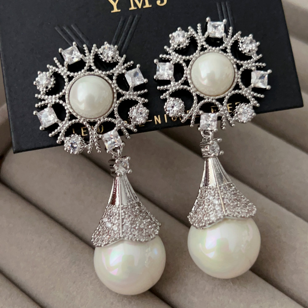 Pave zircon flower pearl earrings
