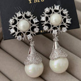 Pave zircon flower pearl earrings