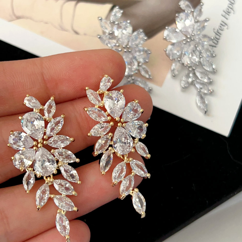 Pave zircon leaf earrings