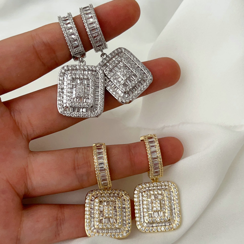 Pave quare charm earrings