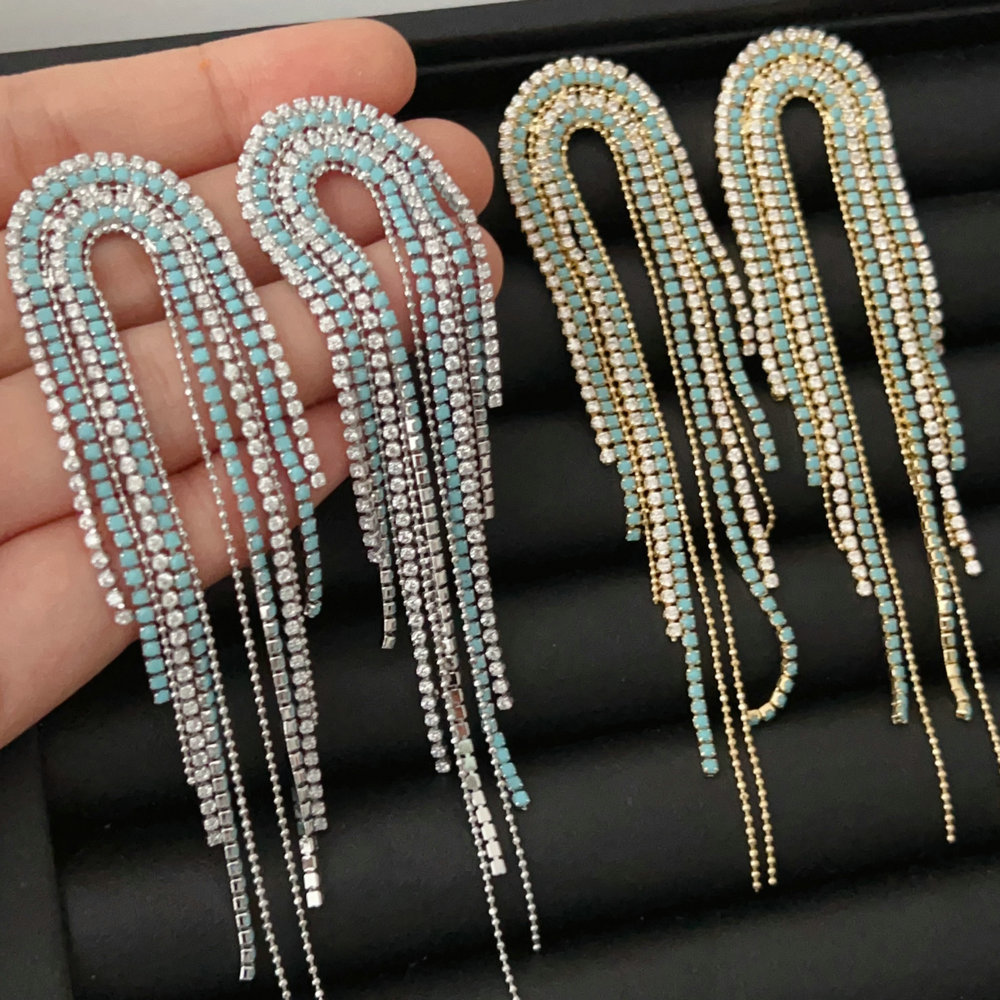 Crystal blue stone tassel earrings